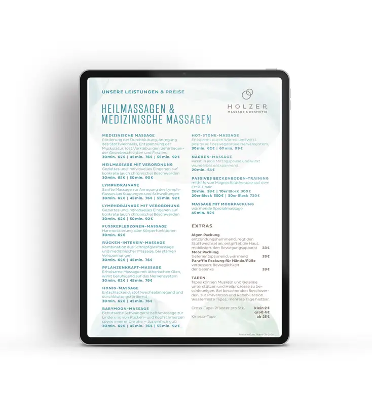 Preisliste Heilmassgen & medizinische Massagen