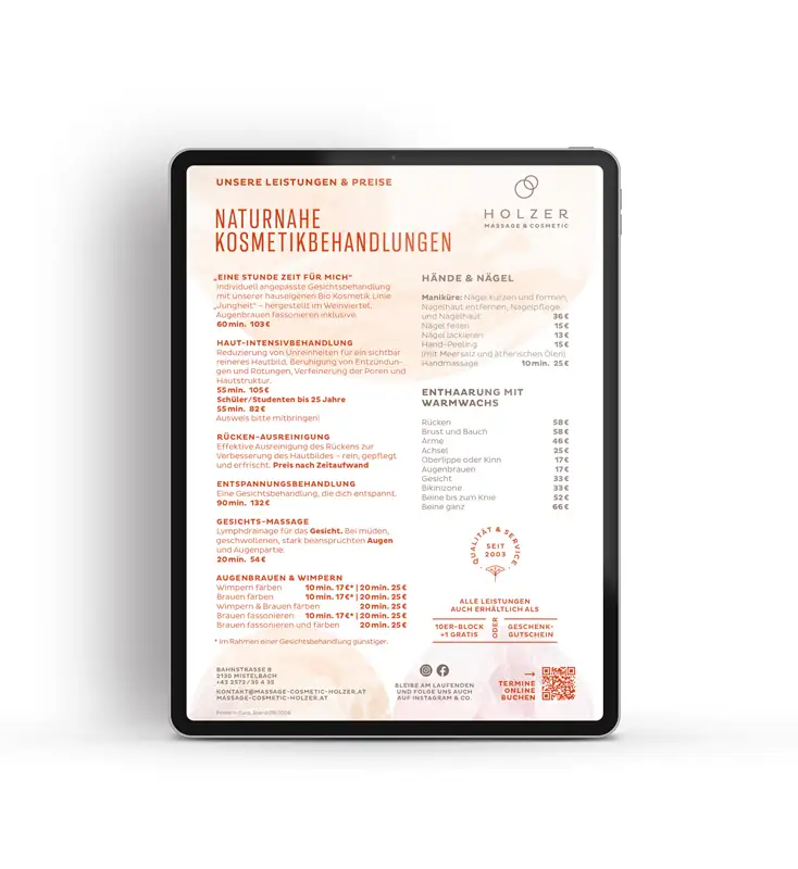 Preisliste naturnahe Kosmetikbehandlungen