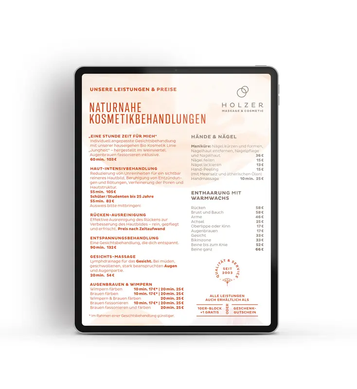 Preisliste naturnahe Kosmetikbehandlungen